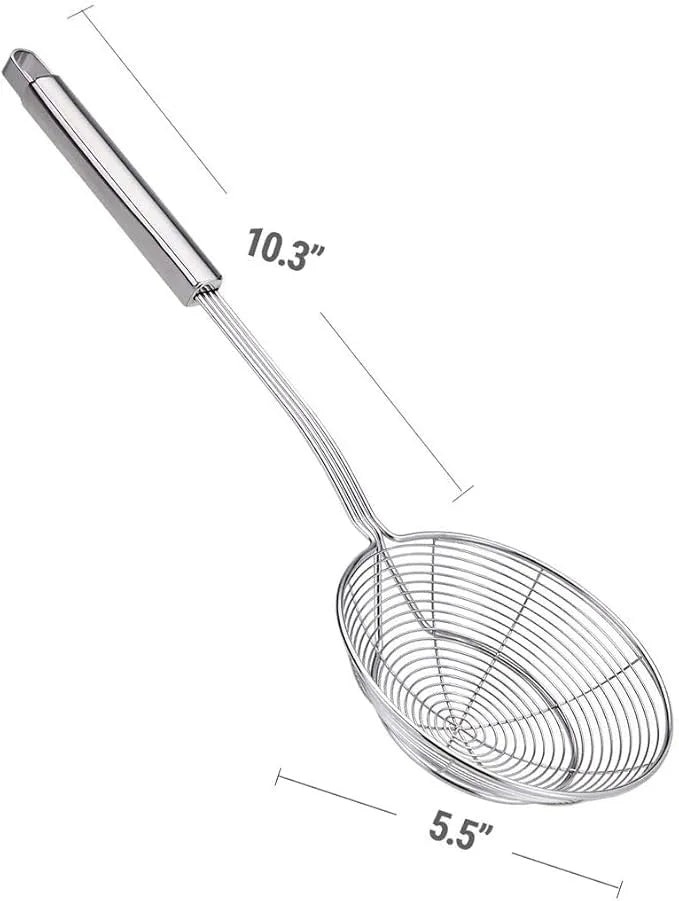 Stainless Steel Spider Strainer Skimmer Ladle | Rust-Proof Frying Colander Spoon with Non-Slip Long Handle for Kitchen & Cooking