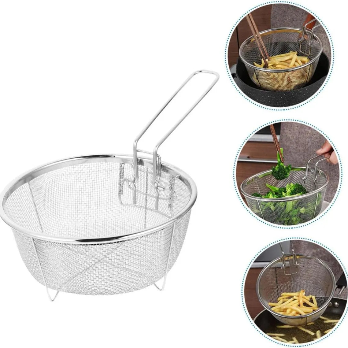 Stainless Steel Frying Basket with Handle & Strainer Tray – Metal French Fries Basket for Kitchen & Deep Frying (Durable Steel Build)