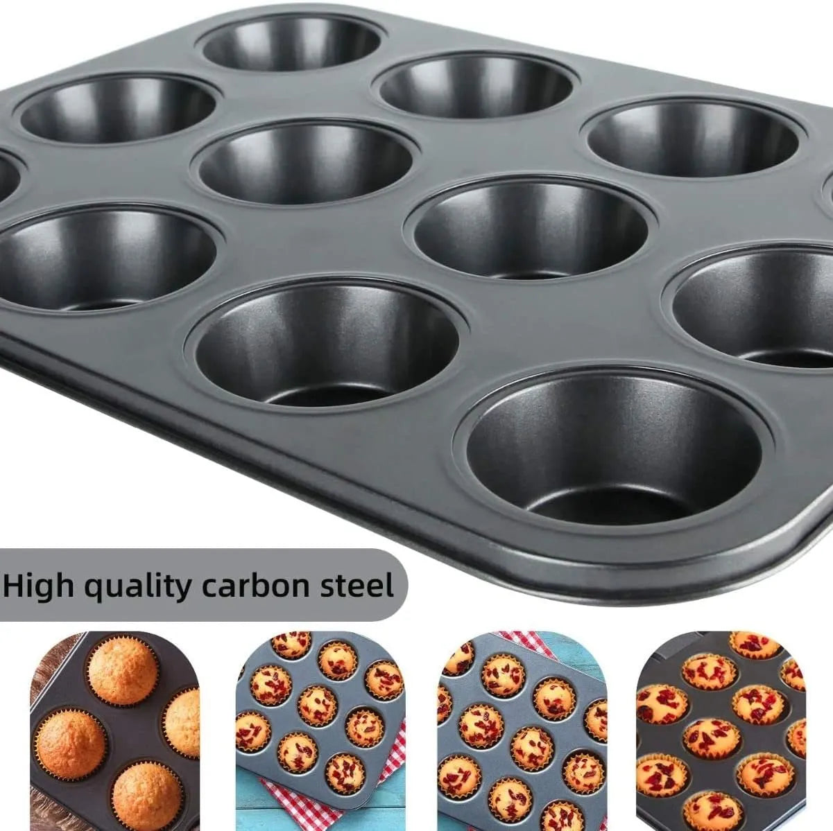 12-Cup Muffin Tray – Nonstick Cupcake & Brownie Baking Pan, Durable Stainless Steel Bakeware for Kitchen Oven (Black)