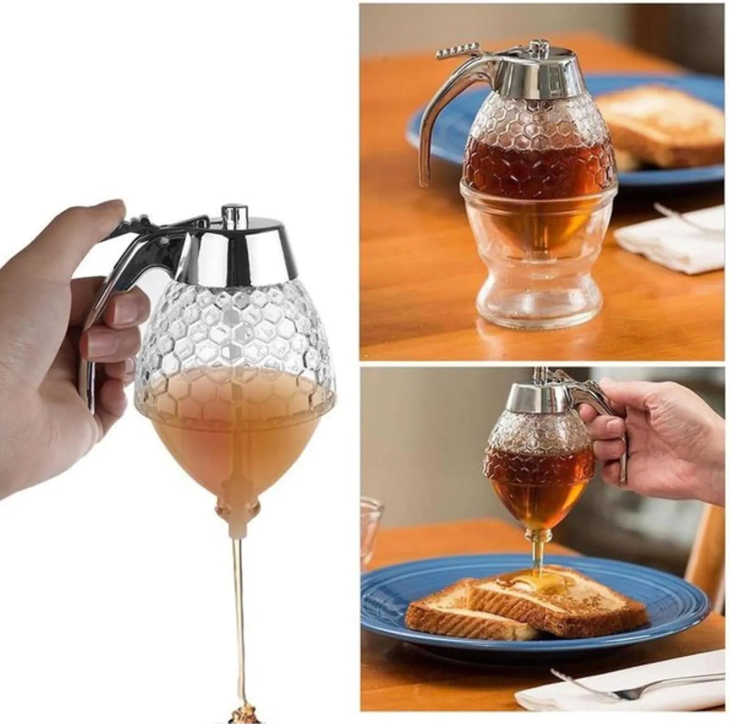 Honey Dispenser Honeycomb Shaped Syrup Dispenser with Stand | Non-Glass Honey Jar | Leakproof Honey Container for Kitchen