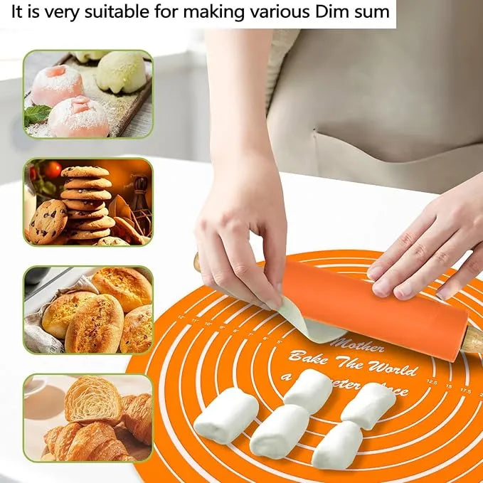 Silicone Roti Mat & Rolling Pin Set – Non-Stick Roti Mate Sheet for Dough, Chapati & Baking | Thick, Durable, Heat-Resistant Silicone Mat (Big Size)
