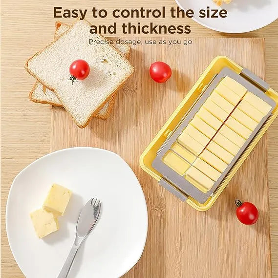 Glass Butter Dish with Stainless Steel Butter Cutter, Knife & Fork – 220g Butter Holder / Cheese Dish with Butter Block Cutter