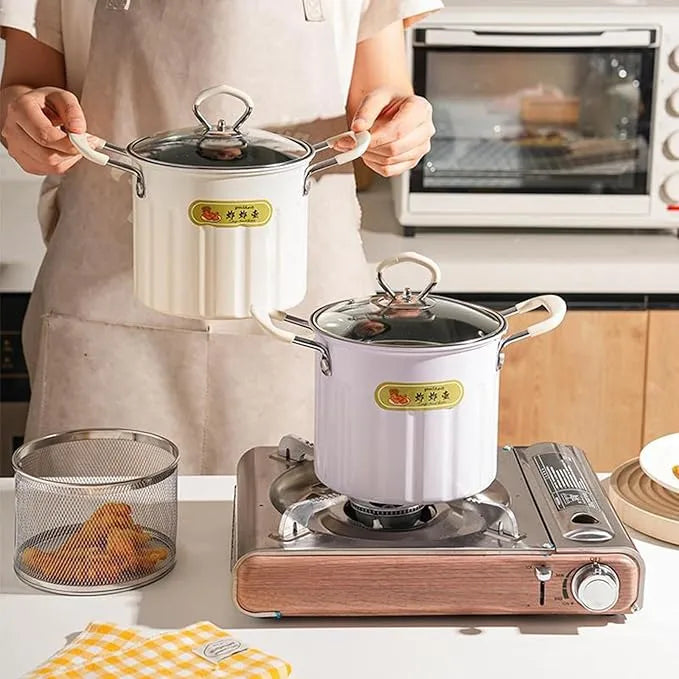 Small Frying Pot with Oil Strainer | Nonstick Mini Deep Fryer Pan for French Fries & Noodles | Ergonomic Handle Cookware