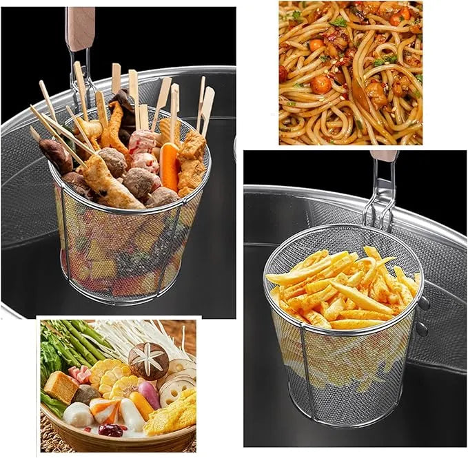 Kitchen Miracle Noodle Blanching Basket – Angel Hair & Spaghetti Deep Strainer Skimmer with Wooden Handle | Pasta Cooker & Frying Basket