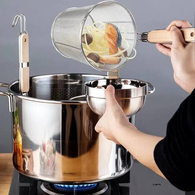 Kitchen Miracle Noodle Blanching Basket – Angel Hair & Spaghetti Deep Strainer Skimmer with Wooden Handle | Pasta Cooker & Frying Basket