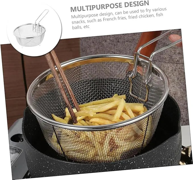 Stainless Steel Frying Basket with Handle & Strainer Tray – Metal French Fries Basket for Kitchen & Deep Frying (Durable Steel Build)
