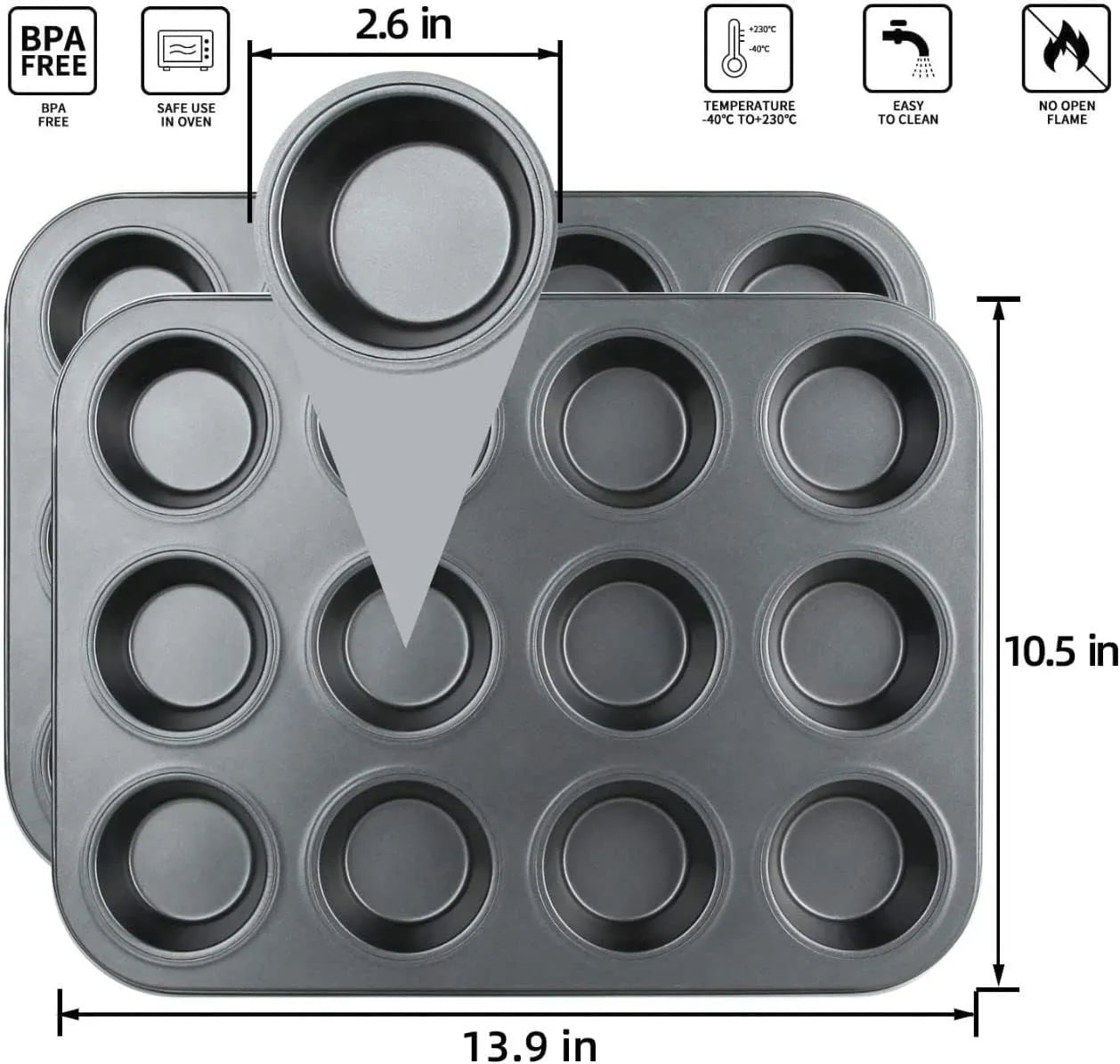 12-Cup Muffin Tray – Nonstick Cupcake & Brownie Baking Pan, Durable Stainless Steel Bakeware for Kitchen Oven (Black)