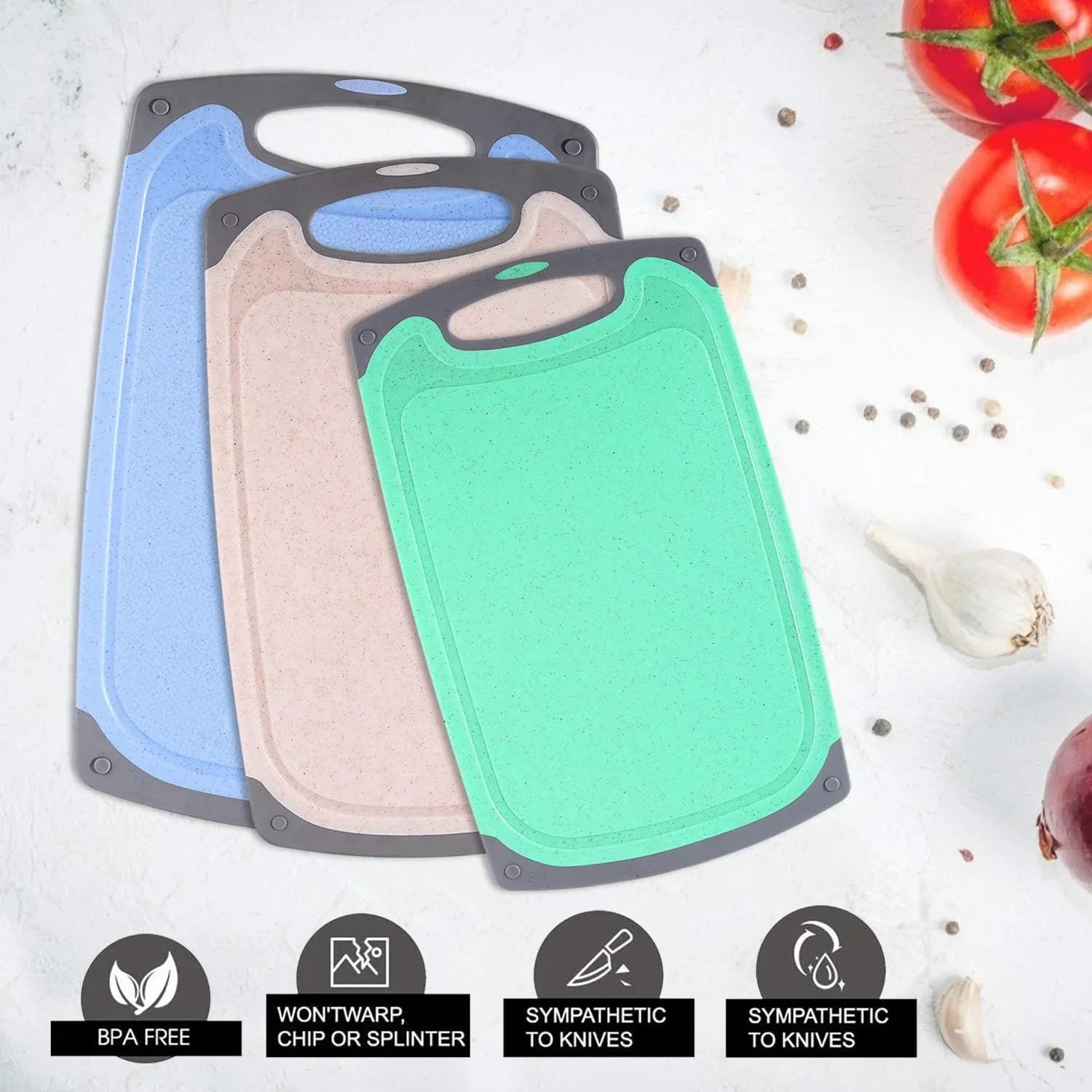 Plastic Cutting Boards Set – Professional Non-Slip Chopping Boards, Colored Kitchen Board Set, Dishwasher Safe