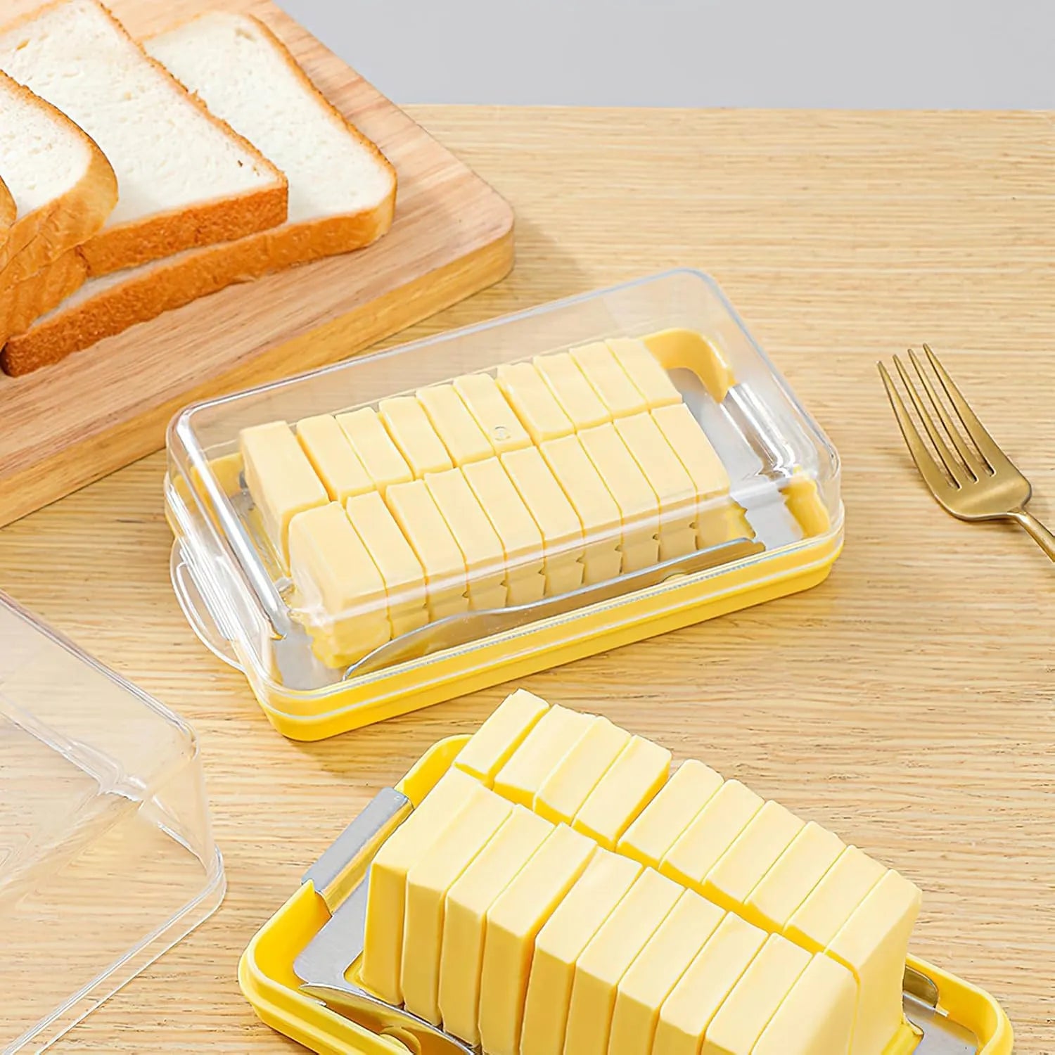 Glass Butter Dish with Stainless Steel Butter Cutter, Knife & Fork – 220g Butter Holder / Cheese Dish with Butter Block Cutter