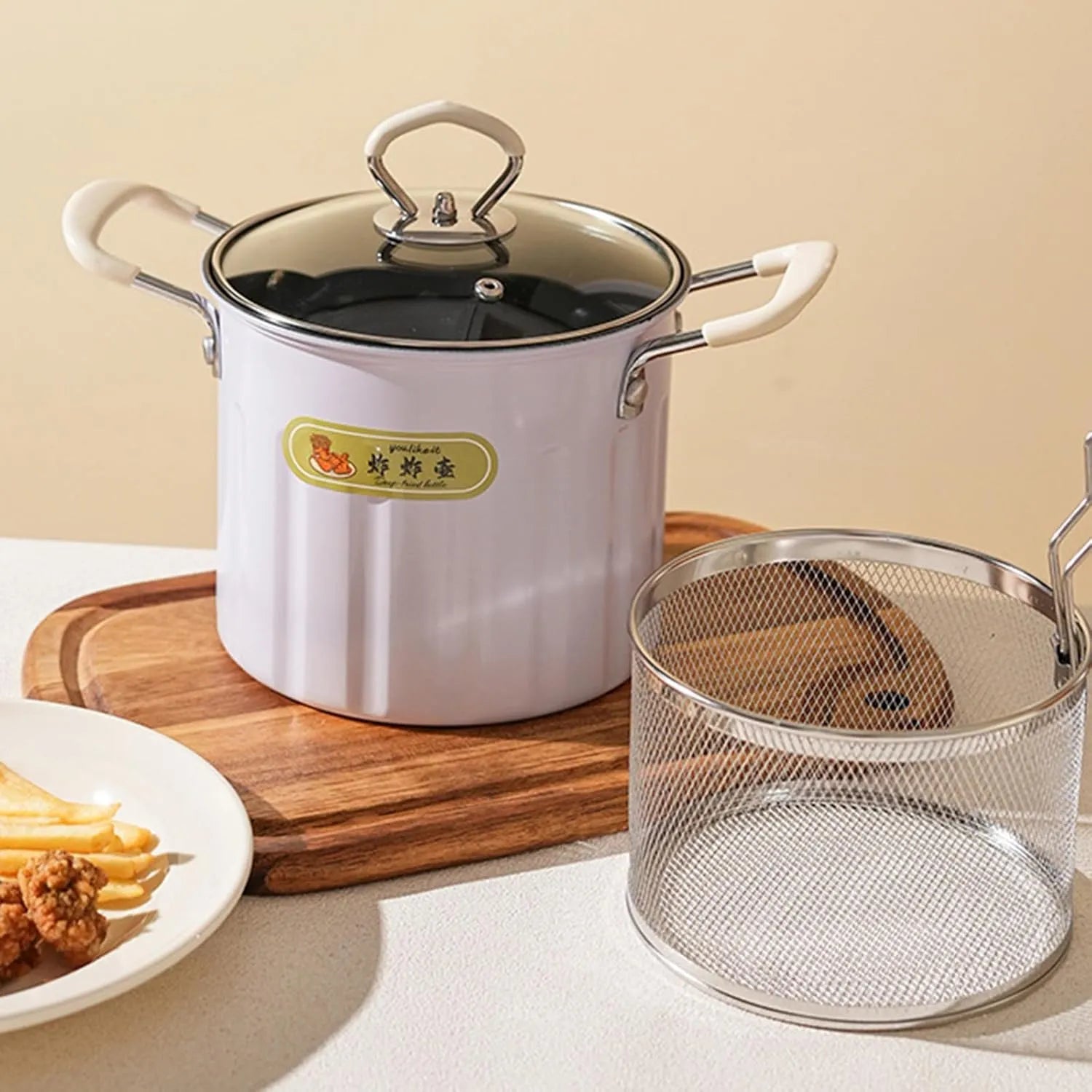 Small Frying Pot with Oil Strainer | Nonstick Mini Deep Fryer Pan for French Fries & Noodles | Ergonomic Handle Cookware