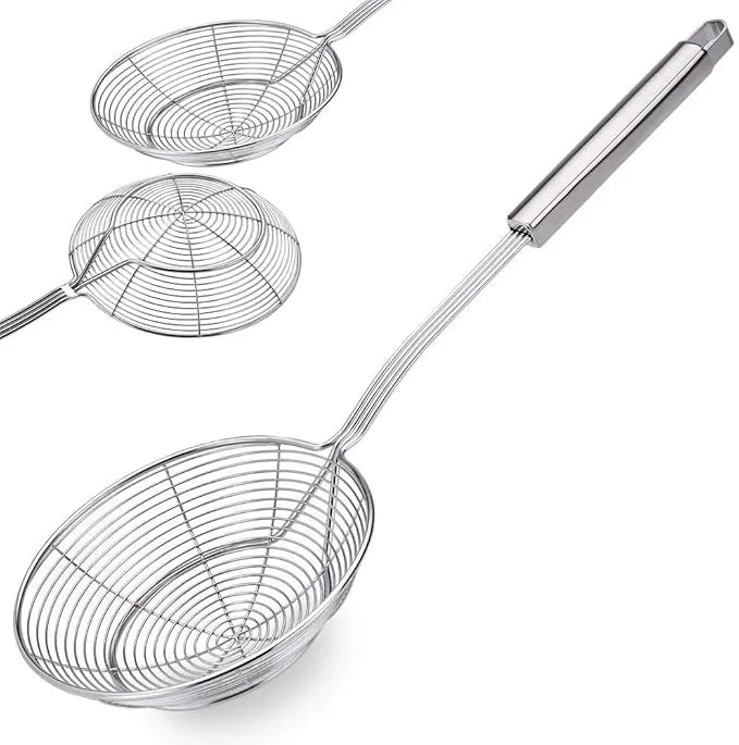 Stainless Steel Spider Strainer Skimmer Ladle | Rust-Proof Frying Colander Spoon with Non-Slip Long Handle for Kitchen & Cooking