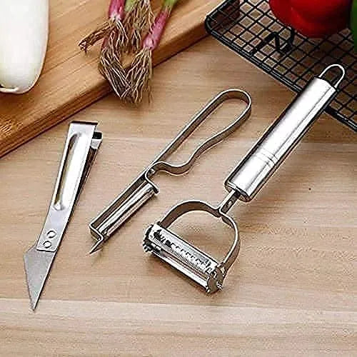 3-in-1 Stainless Steel Carrot & Vegetable Peeler with Meat Cutter – Razor Sharp Julienne Slicer & Hand Peeler (Pack of 3)