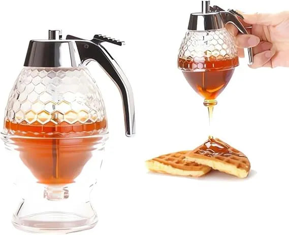 Honey Dispenser Honeycomb Shaped Syrup Dispenser with Stand | Non-Glass Honey Jar | Leakproof Honey Container for Kitchen