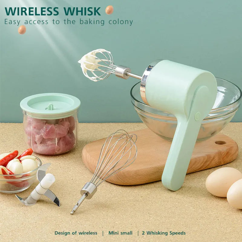 USB 2 in 1 Wireless Electric Garlic Chopper Whisk Egg Beater with Stirring Rods Kitchen Handheld Mixer - AllThings