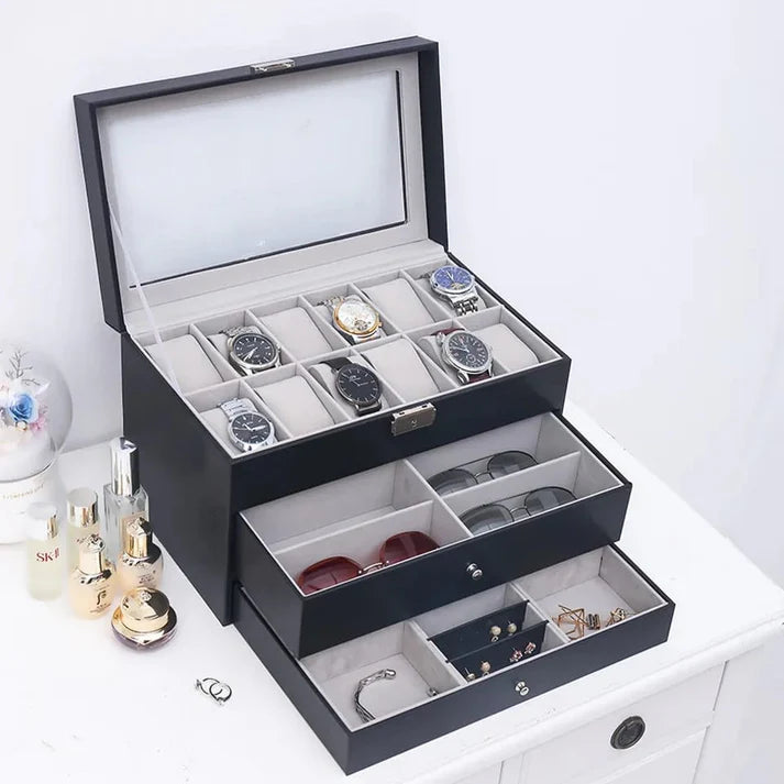 12 Slots triple layer Leather Watch & Jewelry Storage Box