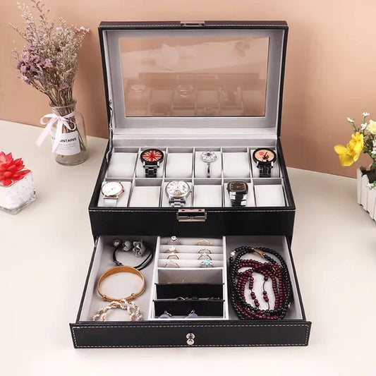 12 Slots Double layer PU Leather Watch Storage Box - AllThings