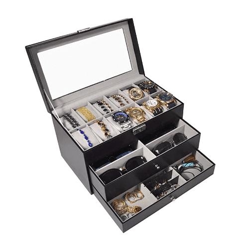 12 Slots triple layer Leather Watch & Jewelry Storage Box