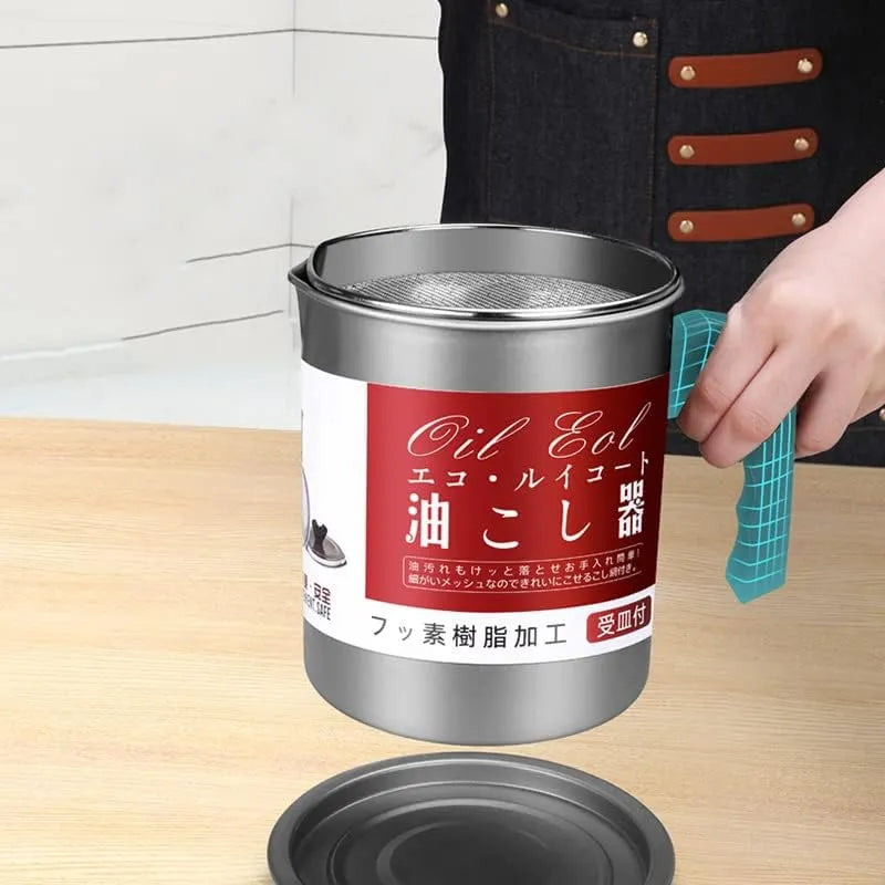 Stainless Steel Jumbo Grease Container with Strainer Basket | Large Capacity Oil Storage Pot | Heavy Duty Bacon Grease & Fryer Oil Filter Container