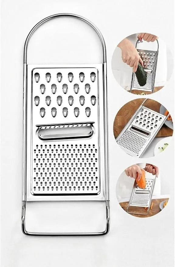 3-in-1 Stainless Steel Grater & Slicer – Ginger, Cucumber, Carrot, Cheese, Potato | Multipurpose Kitchen Shredder with Ergonomic Handle