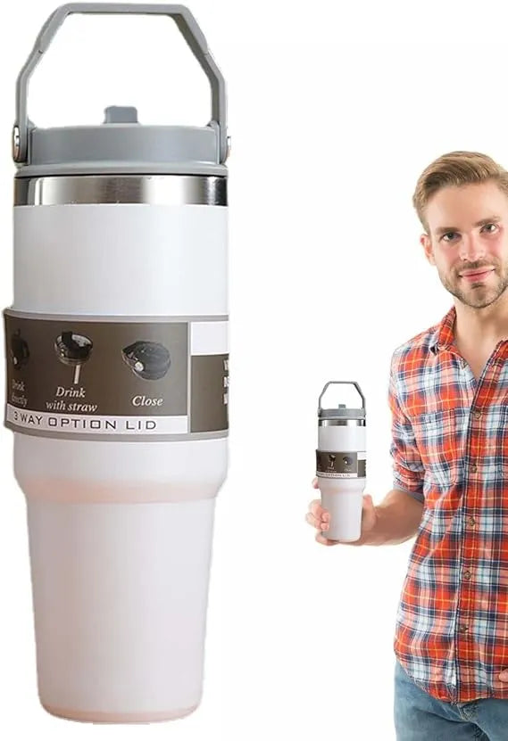 900ml Stainless Steel Thermal Coffee Mug with Straw – Reusable Leakproof Insulated Travel Tumbler for Hot & Cold Coffee & Tea