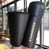 bucks stainless steel Coffee Tumbler with a leather case, (437ML)