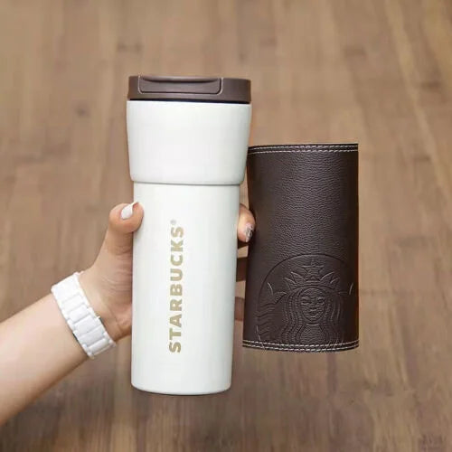 bucks stainless steel Coffee Tumbler with a leather case, (437ML)